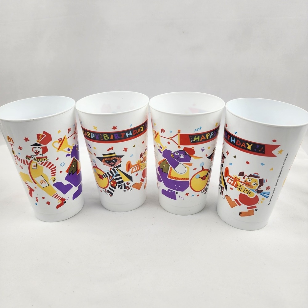 Lot of 4 Vintage Happy Birthday Ronald McDonald Plastic Cups 1984 Printed USA